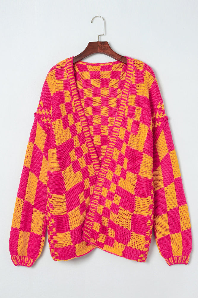 Multicolor Open Front Mixed Checkered Pattern Knit Cardigan