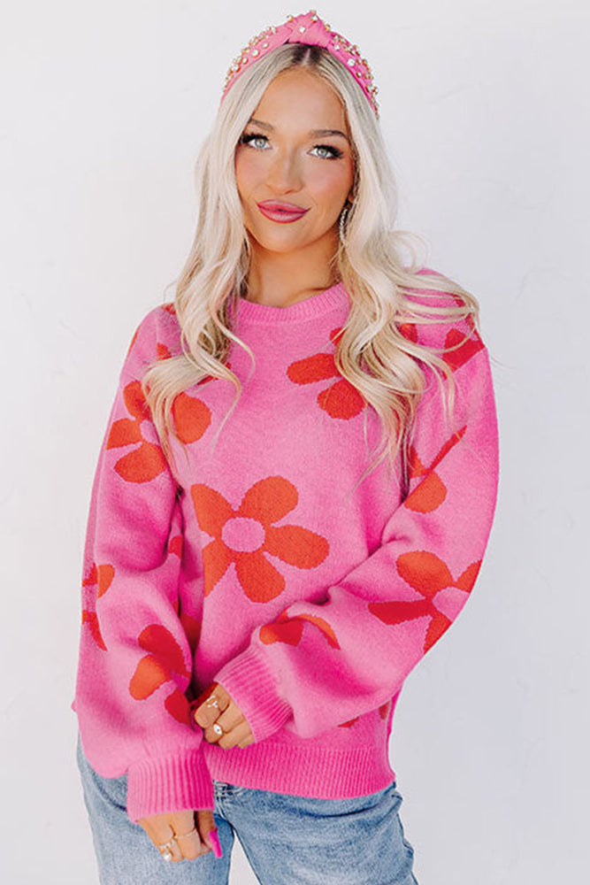 Rose Big Flower Knit Ribbed Trim Sweater