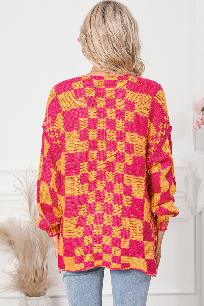 Multicolor Open Front Mixed Checkered Pattern Knit Cardigan