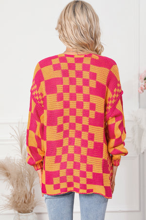 Multicolor Open Front Mixed Checkered Pattern Knit Cardigan