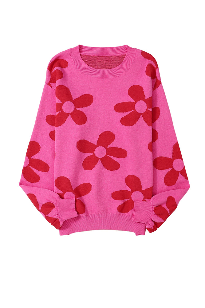 Rose Big Flower Knit Ribbed Trim Sweater