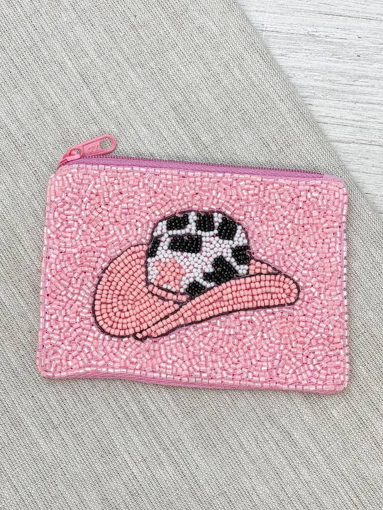 Pink Cow Print Rodeo Hat Beaded Zip Pouch