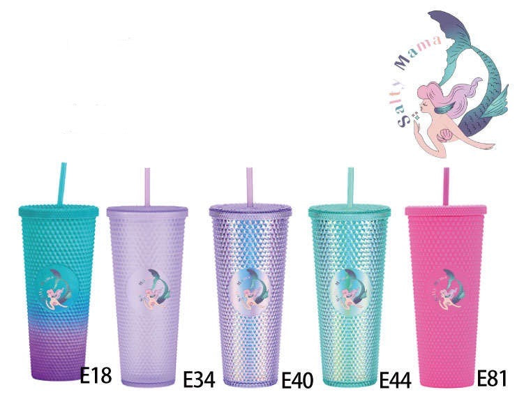 Studded straw cup with Salty Mama mermaid logo