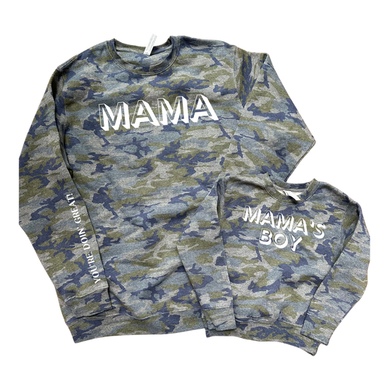 Mama’s Boy youth camo crewneck sweatshirt